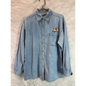 Faded Gear Librarian Women's Casual Button-Up Shirt Denim Long Sleeve Blue LG